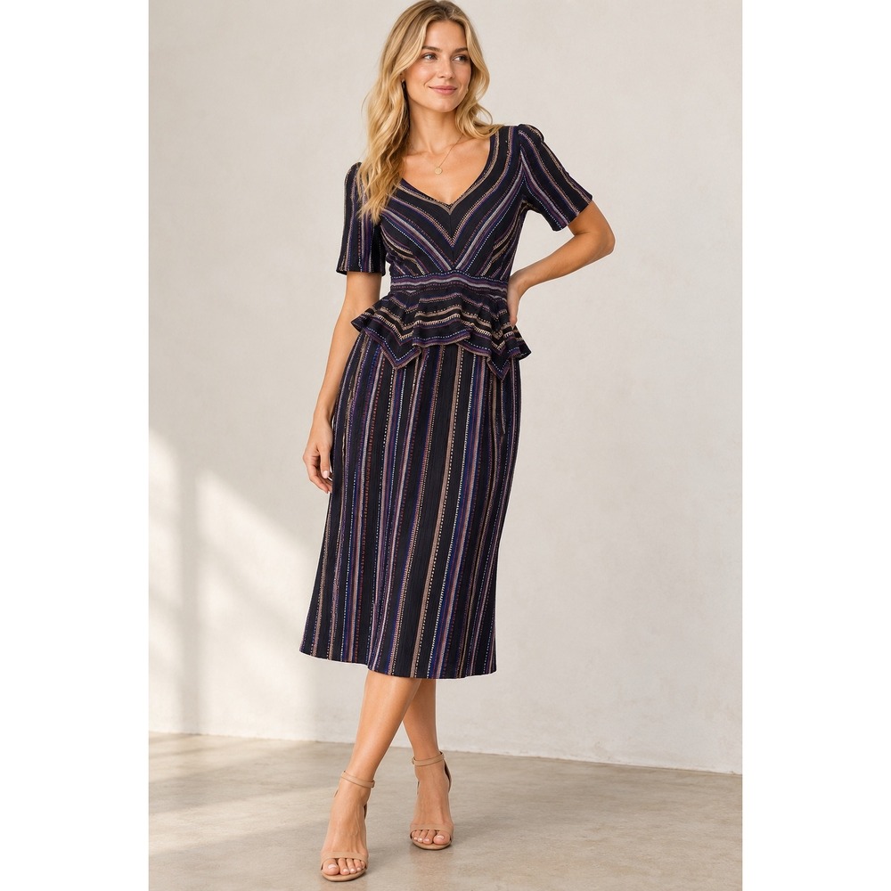 Nanette Lepore Women Striped Peplum Midi Dress Black Multi V-Neck Size 12